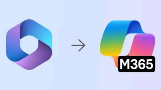 Microsoft copilot logo pointing to a Microsoft 365 logo