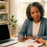Black woman with grey shoulder length hair speaking to a caucasian woman in front of a computer.